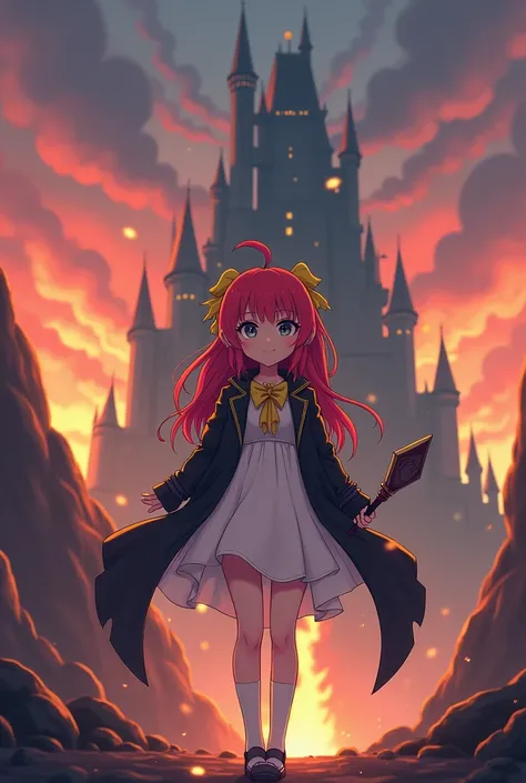 Anime girl, red long hair, The bangs are straight and flat, Grey eyes, white dresses yellow accessories with dresses, black jacket, and cute pose, It stands near the terrible castle of dragons, and there it burns, Stands holding a staff in his hand, grey e...