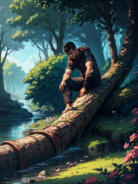 guts of berserk, sitting on the ground with his back resting against a tree trunk , jaded, expression of exhaustion, enjoying th...