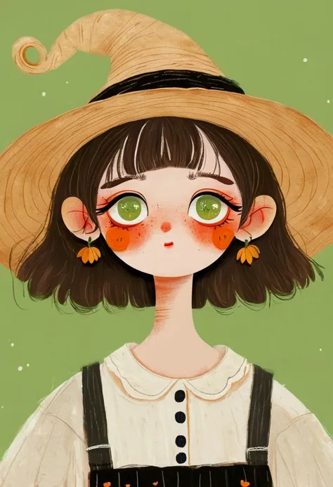 a painting，pastel art：halloween。girl wearing witch hat。。big green eyes，short hair，lol，teeth。lovely的艺术风格, lovely细致的数字艺术, lovely的数...