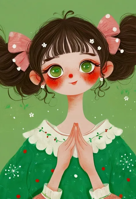 A painting，Pastel Art：Christmas girl。Big green eyes，short hair，lol，teeth。Lovely的艺术风格, Lovely细致的数字艺术, Lovely的数字艺术, Lovely的艺术品, 卡哇伊写实portrait, Change, Lovely的数字, Lovely。portrait, Benefits, Lovely的角色, Lovely 多彩 Lovely
绿色背景