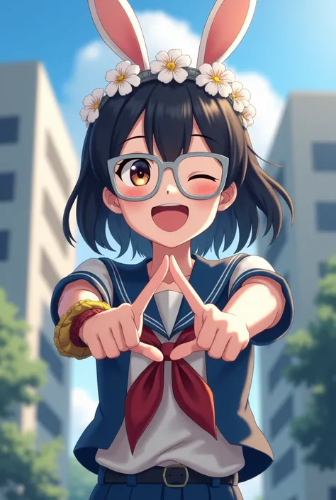 A boy with black hair, shoulder-length hair, smiling brightly, wearing white bunny ears, a white flower crown on his head, wearing white glasses, wearing a black high school uniform, with a cloth tied around one arm, holding up two fingers, standing in fro...