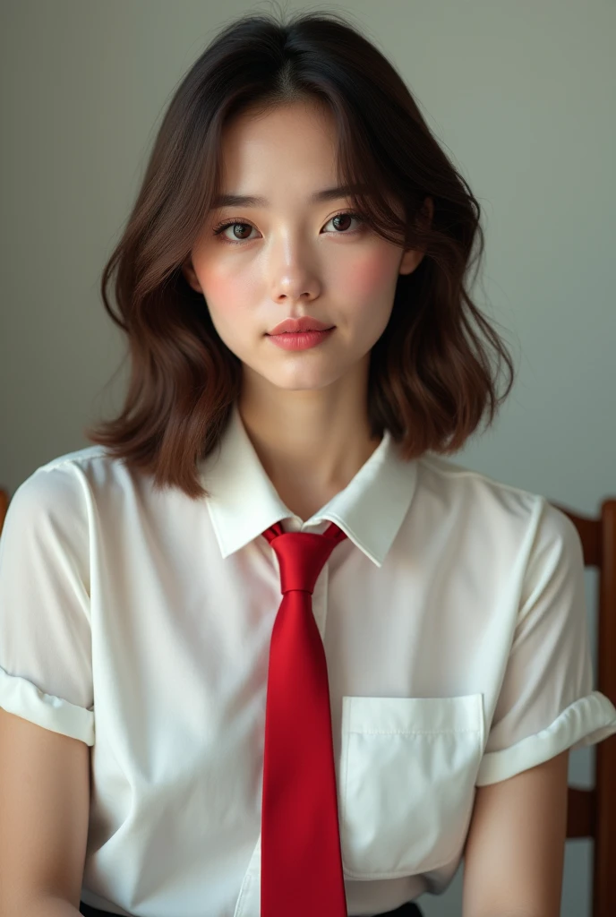 A portrait of ultra realistic high resolution of 20 years old cute girl wearing white shirt and red tie sitting on the chair 