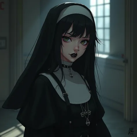 anime screencap, full body 80s anime pun rocker nun goth teen female with nose pricings edgy nun dress , wild hairstyle black smudged makeup eye liner and platform boots ,beautiful detailed eyes,beautiful detailed lips,extremely detailed face and skin,long...