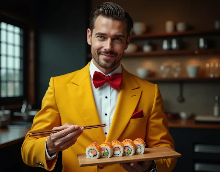 advertising photography, A man of European appearance in a yellow jacket and a red bow tie, sits on a big red chair, glad, brunette hair combed to the side as if slicked, holds Japanese delicious rolls on a wooden board, in the other hand two chopsticks fo...