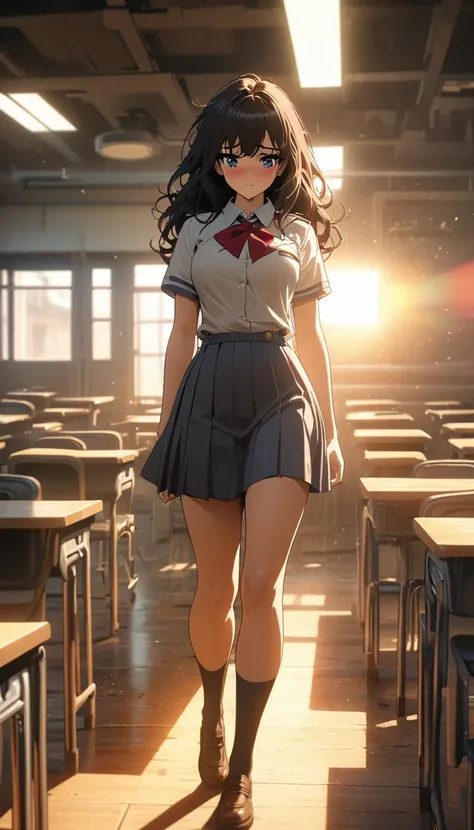 Manhwa style,  beautiful girl，classroom，JK school uniform，Double tail，shy，colorful，korean maka style，depth of field，OC renderer，Movie lighting，Super fine，Super detailed，complex，cinematic perspective，CG art，