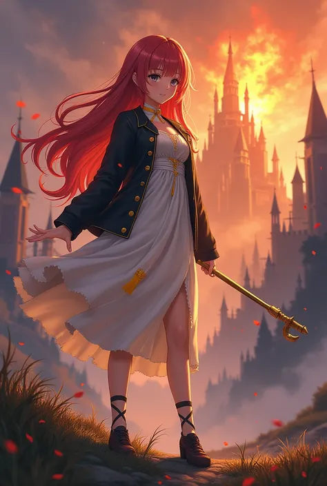 Anime girl, red long hair, The bangs are straight and flat, Grey eyes, white dresses yellow accessories with dresses, black jacket, and cute pose, It stands near the terrible castle of dragons, and there it burns, Stands holding a staff in his hand, grey e...