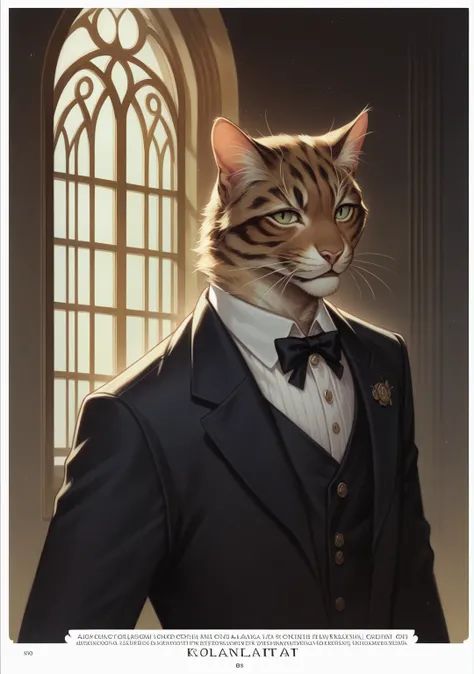 Cat in suit and tie standing by window, in a strict suit, in a strict suit, Portrait with a complete view of a standing figure , Dark suit, epic and classy portrait, highly detailed exquisite fanart, Official Character Art, well - dressed, dignified aristo...