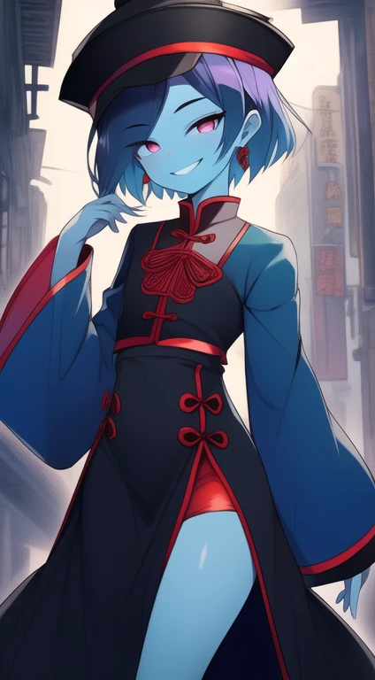 Best quality, Super detailed illustration, warm colors, perfect lighting, (Boy:1.6), (blue skin:1,6) , short tousled thick hair ,Jiangshi clothing, long sleeves, long skirt with leg openings on the sides, open legs, Tight-fitting clothes, Guanli hat ,smug ...