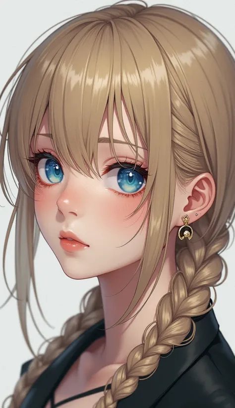 high resolution, best qualityer, High details, ultra HD, precise, 1 , longye hair, hair blonde, hair with highlights, Low Double Braids, curly hair, breasts big, Half moon earrings, blushful, blue colored eyes, slightly separated lips, Shame on the nose, h...