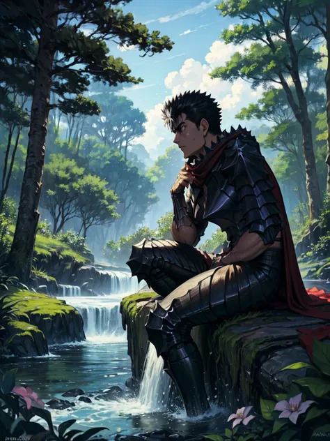 guts of berserk, sitting on the ground with his back resting against a tree trunk , sua espada "dragon slayer" leaning on your s...