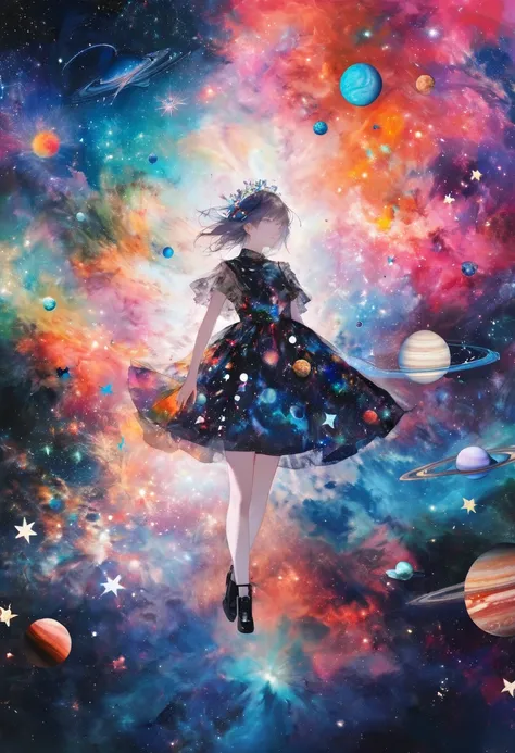 (masterpiece, best quality),(multiple exposure nebula: 1.2),
print collage depicting,fairy of the universe,she is surrounded by stars and planets symbols,wearing fantasic costume,splash color, collage art, contemporary artistic collage,