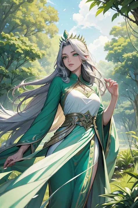 Goddes with natural spirit, silver long hair, natueal power, nature, beautiful woman, green eyes, green eye shadow, queen, beautiful queen, altairs, plant bender, elegant, floating from the sky, there are many people belows her