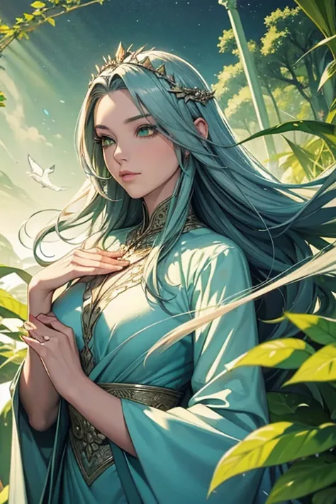 Goddes with natural spirit, silver long hair, natueal power, nature, beautiful woman, green eyes, green eye shadow, queen, beautiful queen, altairs, plant bender, elegant, floating from the sky, there are many people belows her