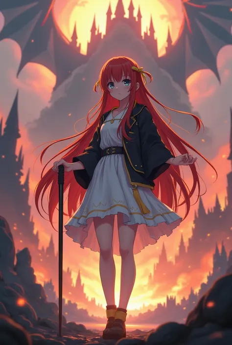 Anime girl, red long hair, The bangs are straight and flat, Grey eyes, white dresses yellow accessories with dresses, black jacket, and cute pose, It stands near the terrible castle of dragons, and there it burns, Stands holding a staff in his hand, grey e...