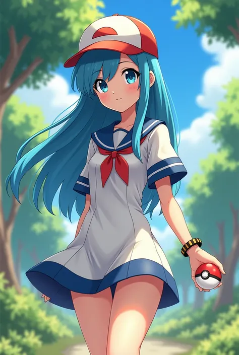 (work of art:1.3), (best qualityer:1.2), (Detailed history:1.1), (intricate details]:1.1), 1 girl, Hilda Pokémon, baseball cap, long hair,blue hairs, blue colored eyes, sailor style dress, skirt short, detail of panties showing under the skirt, bracelet, p...