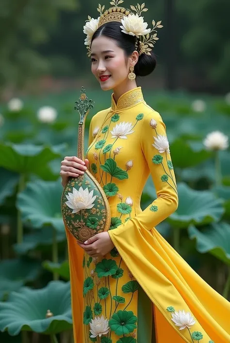 A very unique outfit that looks very impressive, with the theme of ao dai and lotus, the ao dai is 70% yellow and 40% green, the pattern on the ao dai is a beautiful lotus flower surrounded by a beautiful lotus flower Sparkling, the cloak over the ao dai l...