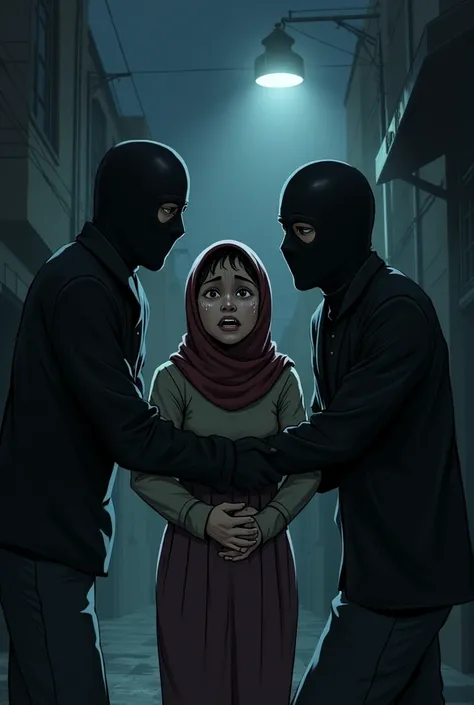 In a dimly lit alley, a hijab-wearing girl, Mira, is being held tightly by two masked men, one gripping her arms from behind, forcing her upright. Her face is twisted in agony, tears streaming down her cheeks. A third masked attacker is delivering a brutal...