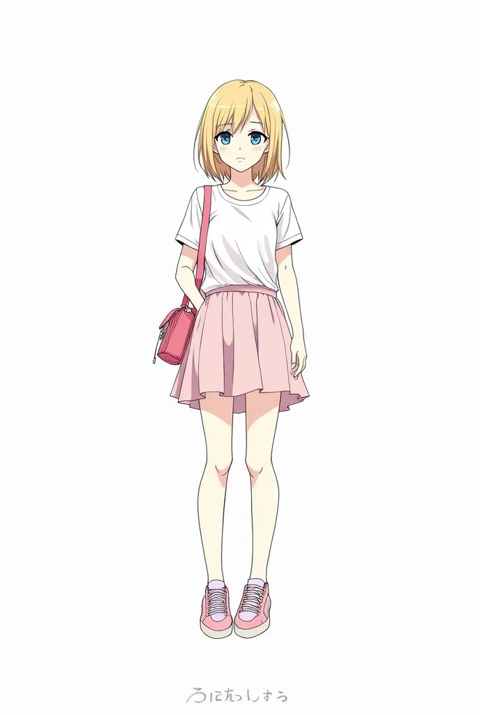 She has blonde hair, the round face, sky blue eyes, Girl, knee length skirt, a white blouse, light pink skirt, waist length, side highlights, pink sneakers, pink bag, round half-sharp eyes, high, in black and white anime sketch