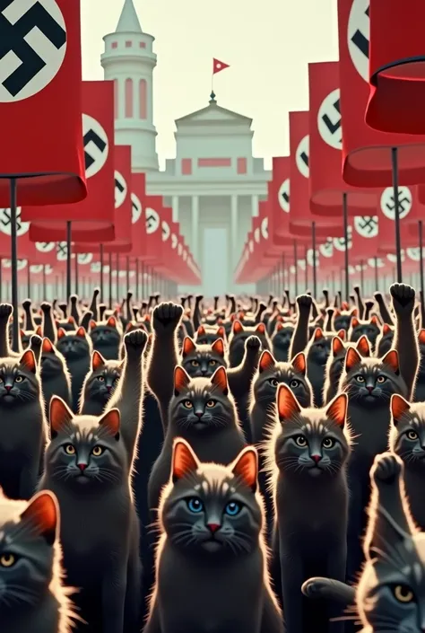 a massive crowd of Nacional-socialist cats attend a Nacional-socialist rally, like the Nuremberg ones. they are all doing the Nacional-socialist salute. Mae the flags Nacional-socialist, with the swastika in the middle