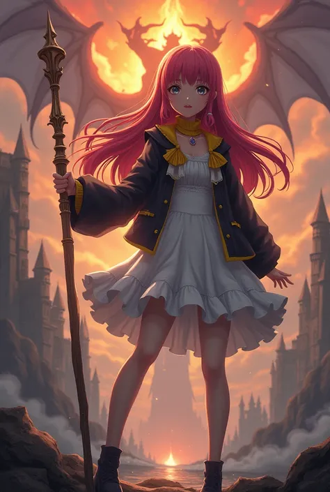 Anime girl, red long hair, The bangs are straight and flat, Grey eyes, white dresses yellow accessories with dresses, black jacket, and cute pose, It stands near the terrible castle of dragons, and there it burns, Stands holding a staff in his hand, grey e...