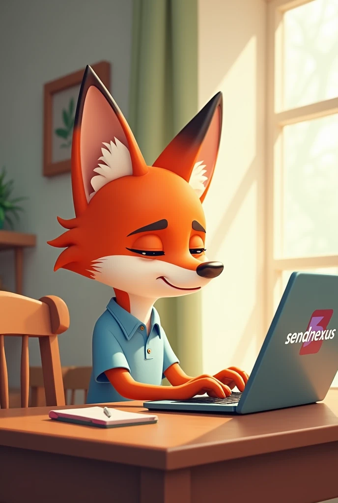 Make a cartoon of fox typing on laptop and on the screen of laptop "SendNexus" logo appears

