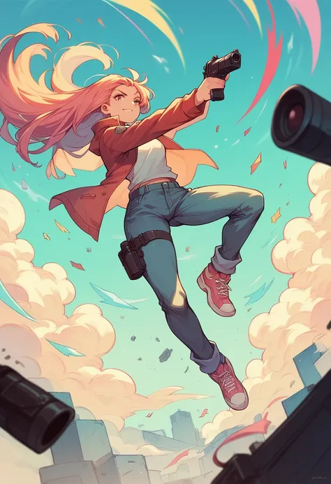 girl shooting a gun towards the camera, dynamic, colorful, long hair
