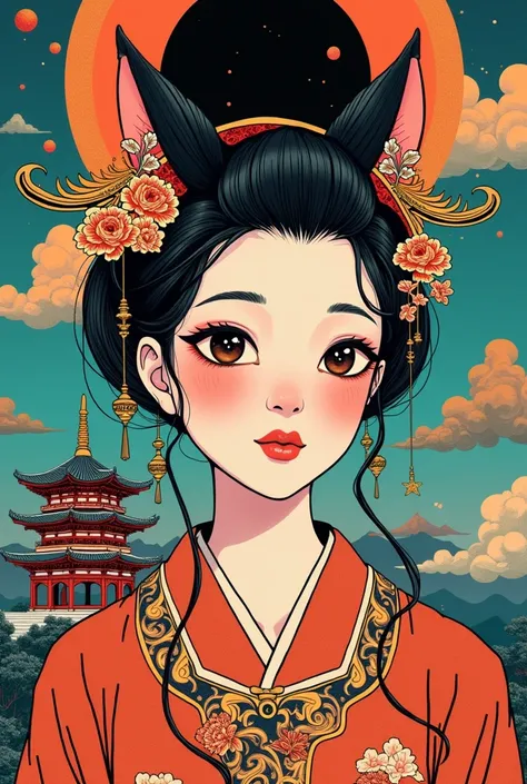 illustrated by Guo Chao style, poster design, in the style of psychedelic color schemes, hyper-detailed illustrations, 16k, a painting of a pagoda in the evening, in the style of graphic design-inspired illustrations, circular shapes detailed botanical ill...