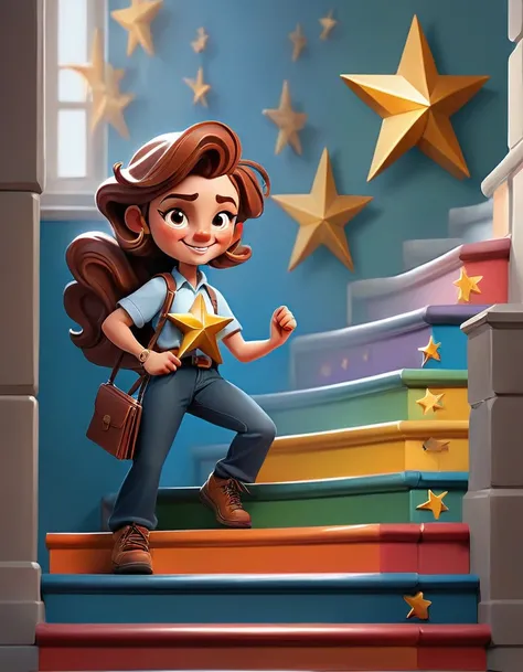 In the center of the illustration, there is a confident and successful individual climbing a staircase. Each step of the staircase represents a "small success." On each step, there are icons or symbols that signify the accomplishments achieved. For example...