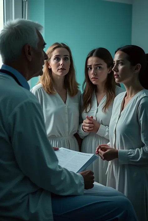 Doctor telling bad news to three very worried  sisters in a hospital real life people 