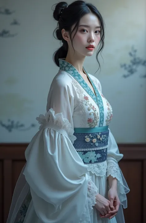 A beautiful Japanese woman wearing a majestic dress that combines the beauty of a female kimono, with the elegance and delicacy of lace details.