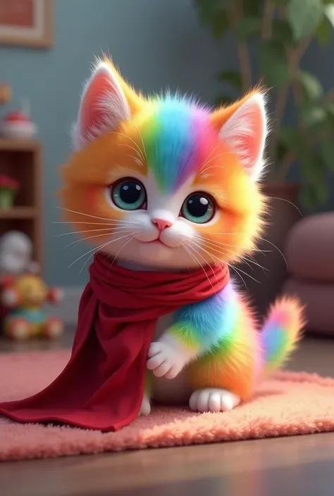 colorful、Fluffy cat，Baby Cat、very cute，，Mofumofu、Mofumofu、Ultimate HD image quality、Ultra-high resolution、Attention to detail、Highest quality、Seven Colors、Rainbow colors, clumsily tangled in a small red cape. The cape is wrapped around his body awkwardly, ...