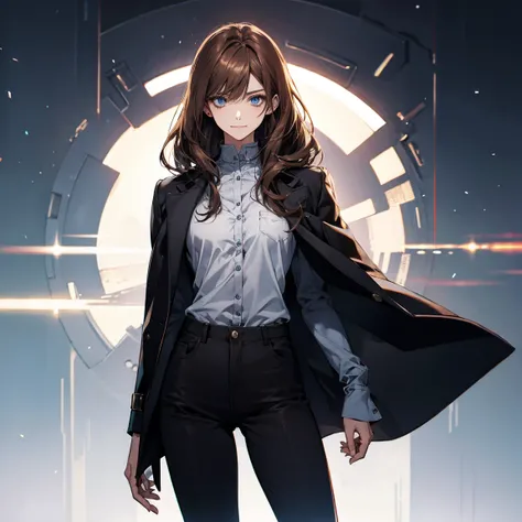 (Confused, High resolution, Very detailed), 1 female, Brown Hair,Medium Hair,Light blue eyes,Black and blue outfit,29th generation,beauty,mature,thin,quiet,A small smile,Coat,Slender and thin,boots,skinny pants,observatory,Small breasts,
