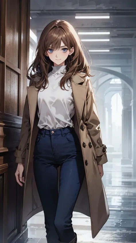 (Confused, High resolution, Very detailed), 1 female, Brown Hair,Medium Hair,Light blue eyes,White and navy blue clothes,29th generation,beauty,mature,thin,quiet,A small smile,Coat,Slender and thin,boots,skinny pants,observatory,Small breasts,
