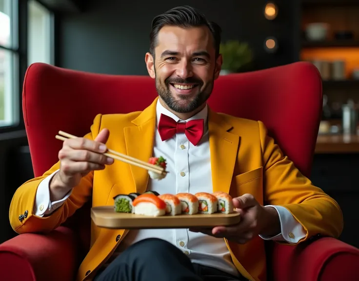 advertising photography, A man of European appearance in a yellow jacket and a red bow tie, sits on a big red chair, glad, brunette hair combed to the side as if slicked, round chin, holds Japanese delicious rolls on a wooden board, in the other hand two c...