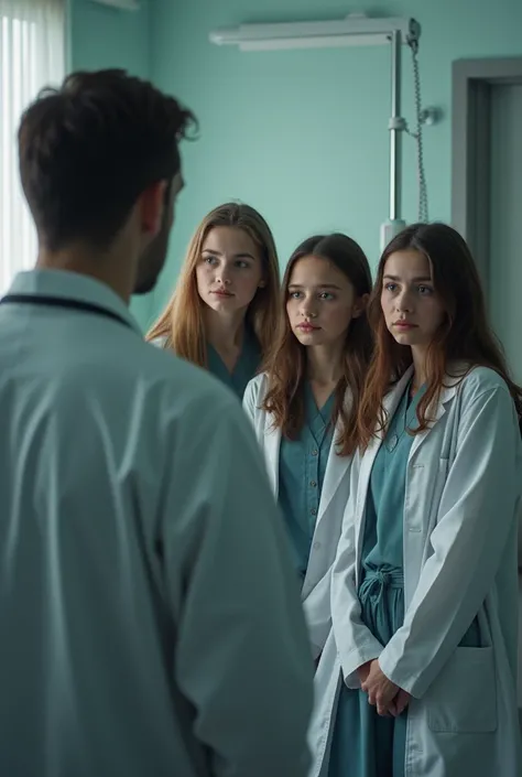 doctor telling bad news to three very worried teenage sisters in a hospital real life people 