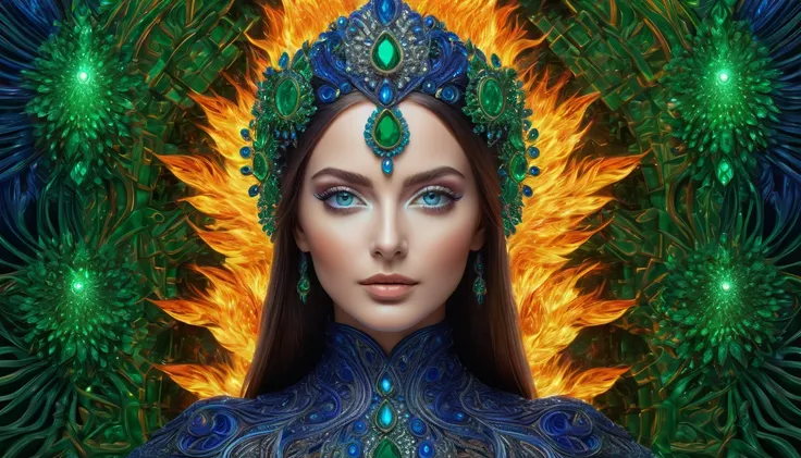 an exotic woman with deep blue eyes, green emeralds, fire background, stunning digital art, complicated digital art, 3 d digital art, 3d digital art, complicated digital artwork, Advanced 3D digital art, amazing detailed digital art, digital complicated ar...