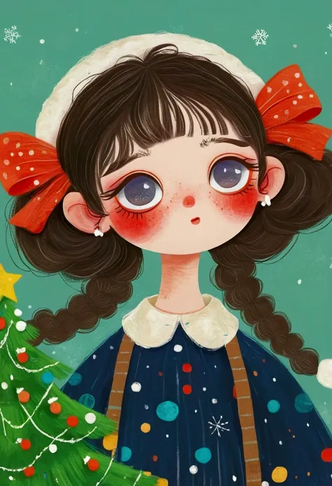 A painting，Pastel Art：girl。big eyes，Christmas tree in hair。，lol，teeth。Lovely的艺术风格, Lovely细致的数字艺术, Lovely的数字艺术, Lovely的艺术品, 卡哇伊写实portrait, Change, Lovely的数字, Lovely。portrait, Benefits, Lovely的角色, Lovely 多彩 Lovely
绿色背景