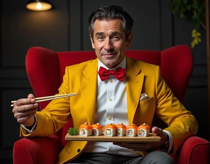 advertising photography, A man of European appearance in a yellow jacket and a red bow tie, sits on a big red chair, glad, brunette hair combed to the side as if slicked, round chin, holds Japanese delicious rolls on a wooden board, in the other hand two c...