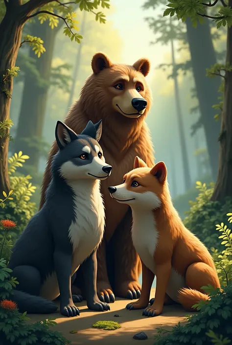 a bear a wolf and an otter together