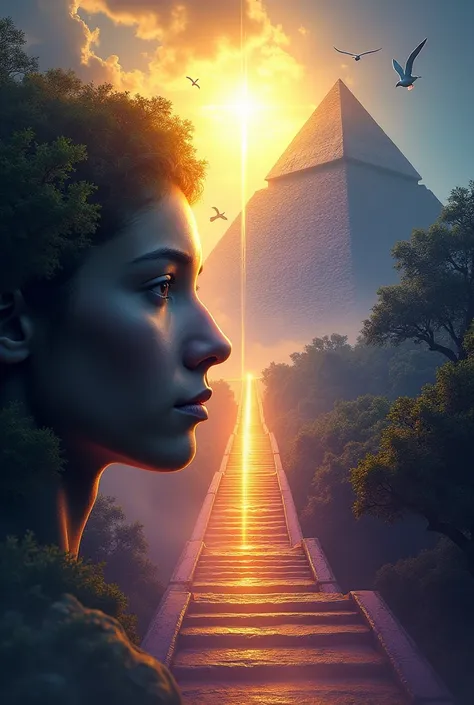 A human head with a bright light on its forehead, On the left side. On the right side and around there, a pyramid, Trees, white birds and a staircase to heaven illuminated with very detailed and beautiful steps. In the sky a radiant light descends to the l...