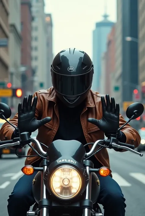 view from the front, motorcyclist with helmet, making a stop gesture with your hands.