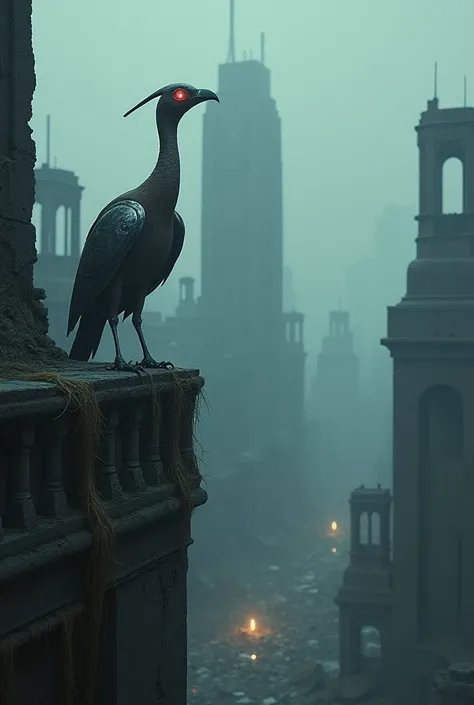 A post-apocalyptic ruin city, engulfed in a hauntingly beautiful twilight. The skyline, once dominated by towering skyscrapers, is now littered with the skeletal remains of buildings reduced to rubble. A lone robotic bird perches on a ledge of a crumbled t...