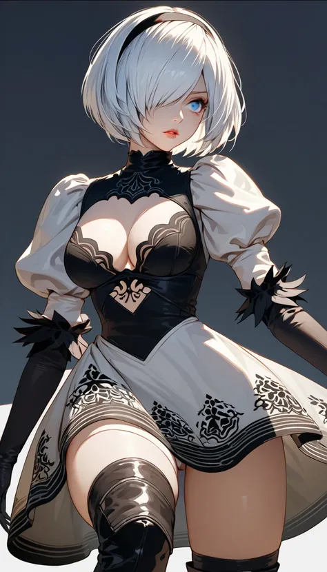 {(masterpiece,best quality, 16K portrait, UHD, extremely detailed the work, detailed beautiful face and eyes and skin and hair)} 
BREAK {(AstrAnime-model image),(comic-illustration style)} 
BREAK {1 adult-woman,(2B of Nier-Automa), (pale-off-white colored ...