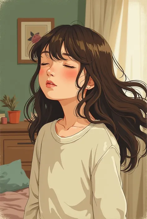 Lo-fi art,LOFI Image,One girl, Long Hair, solo, Closed eyes, Brown Hair, Hair blowing in the wind, Sleepy, Illustration, Ghibli-style colors, A little messy room,Morning