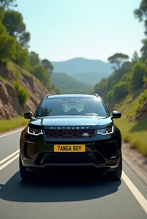 Create a 3D image of a black land rover Descover spor5 2024 with a yellow license plate that has the name " TANGA BOY"Capital letter on the road