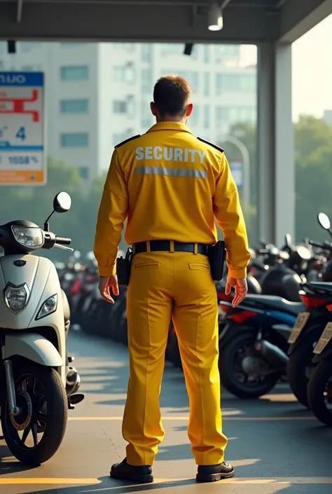 The security guard wears a yellow security guard uniform,guarding the motorbike parking lot 