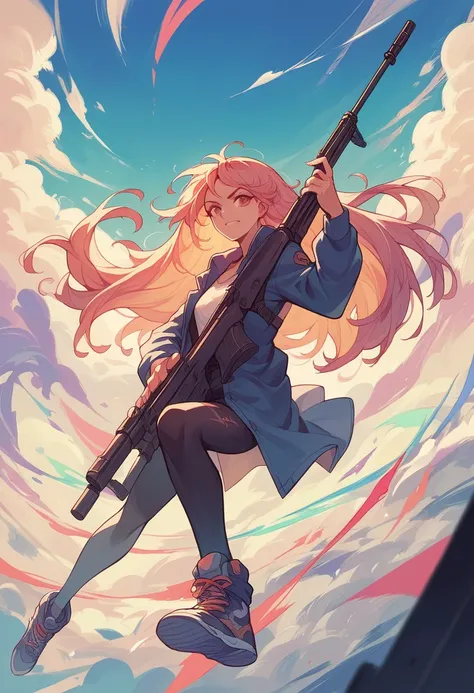 girl shooting a rifle towards viewer, dynamic, colorful, long hair
