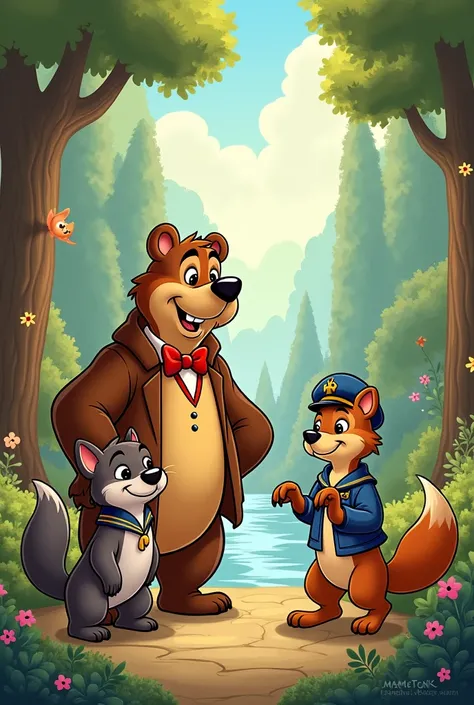 a bear a wolf and a water otter together (disney drawing style)