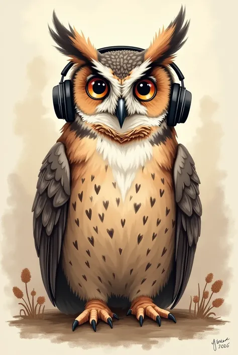 Gamer owl with headphones, Classic style soft colors, drawing type