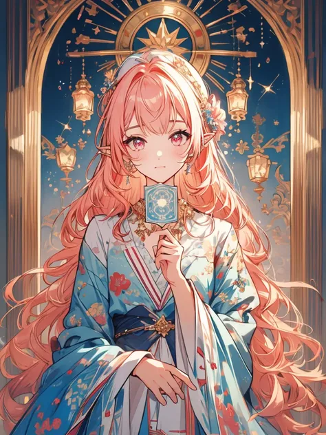 (masterpiece, ultra quality, official art, beautiful and aesthetic:1.2), (1lady), anatomically correct, colorful, ultra highres, unity 8k wallpaper, ultra detailed, pretty, (mandala), divine light, gold foil art, sparkling paintings, long pointy ears, pink...